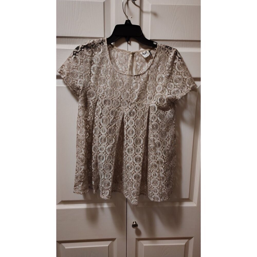 Anthropologie Akemi + Kin Lyra Lace Metallic Swing Top Champagne/Silver Small